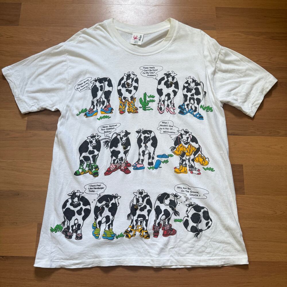 Vintage 90's Funny Cows Talking Joking Big Print Farming Bells White Shirt Sz XL